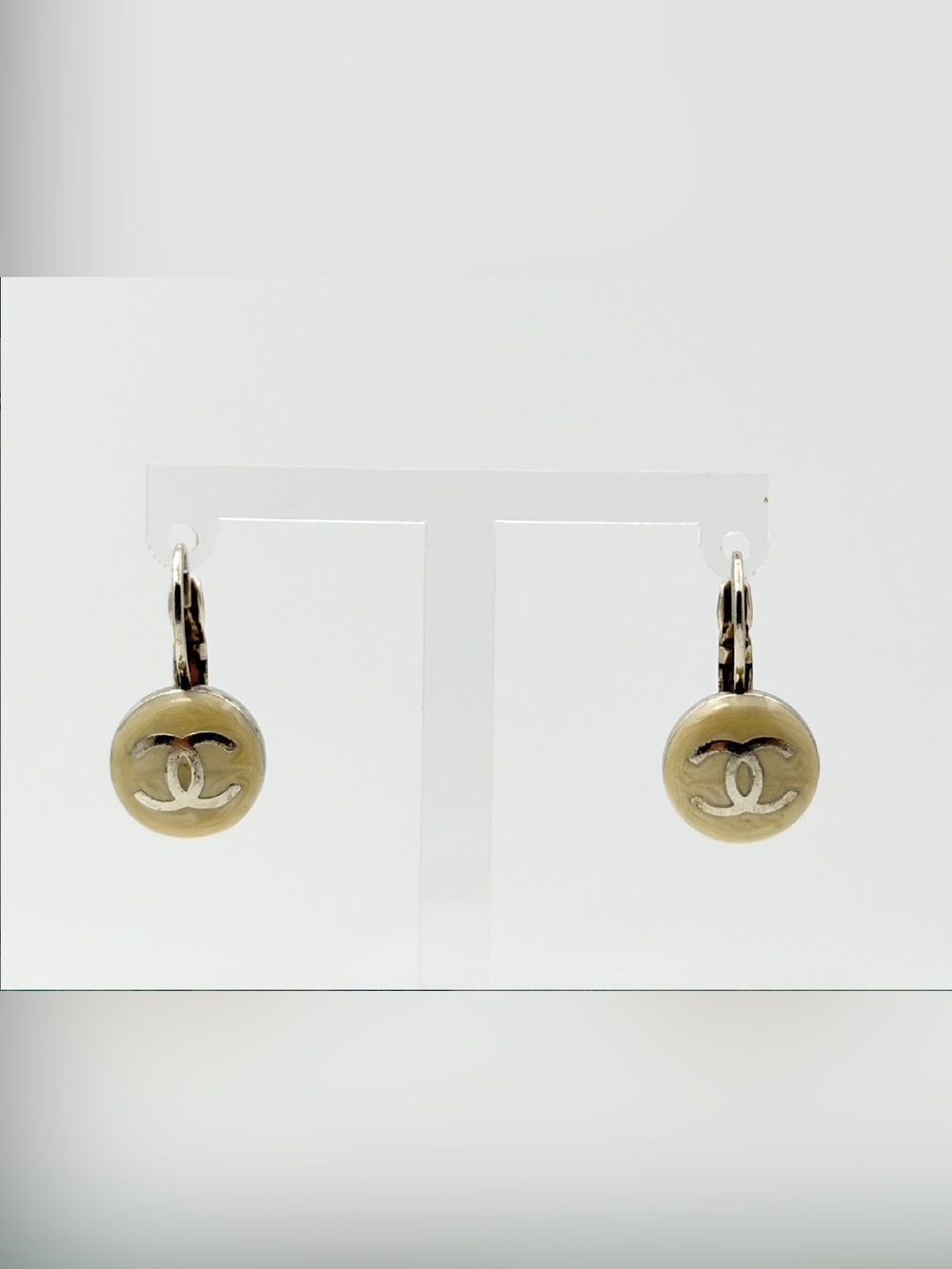 CHANEL 07A Ivory Round Hook Cream Resin Drop Earrings with Gold Accents